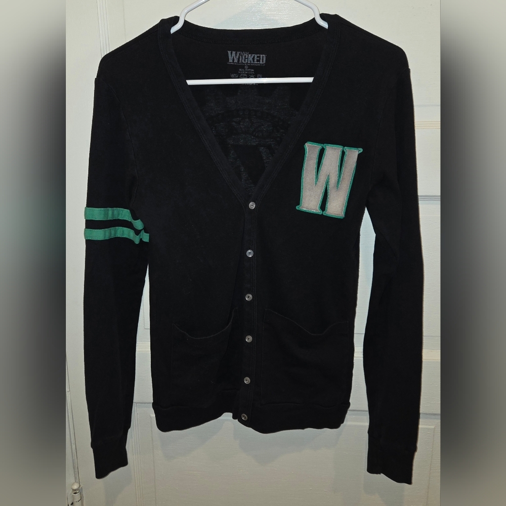 Wicked Black Cardigan with Green W Patch & Large Wicked Gear On Back. Size XS.